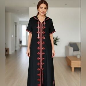 Elegant Black and Red Embroidered Kaftan Dress with hood NWOT